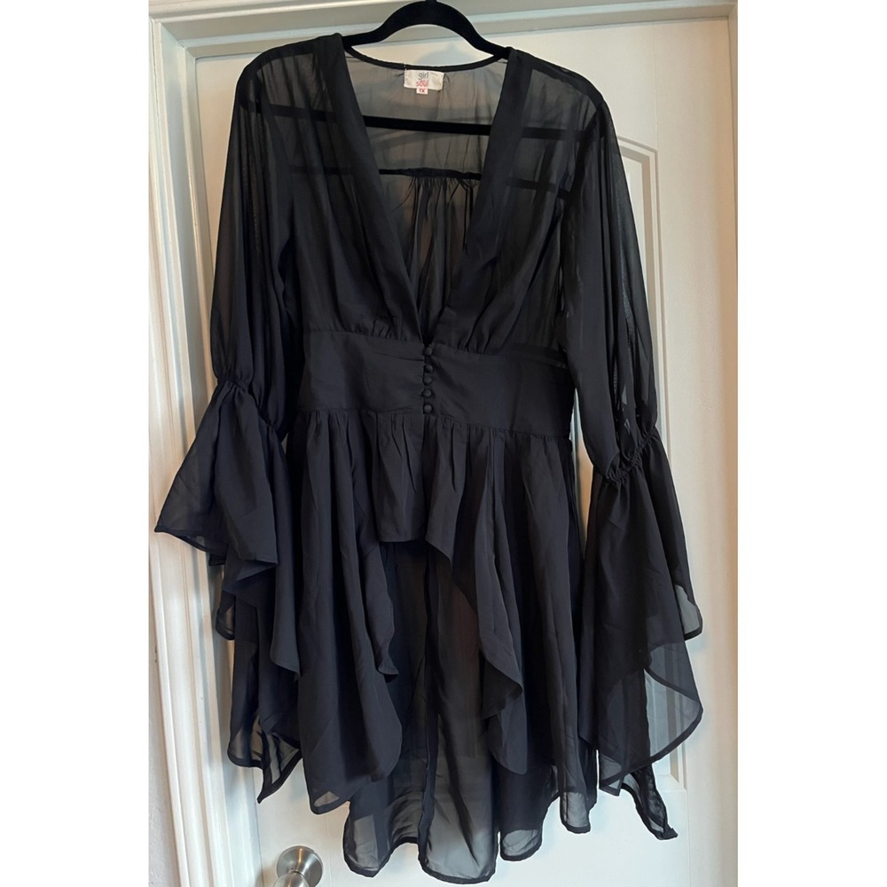 Girl Soul 1X Black Sheer Chiffon Hi Lo Tunic Top Bell Sleeve Button Front Plus